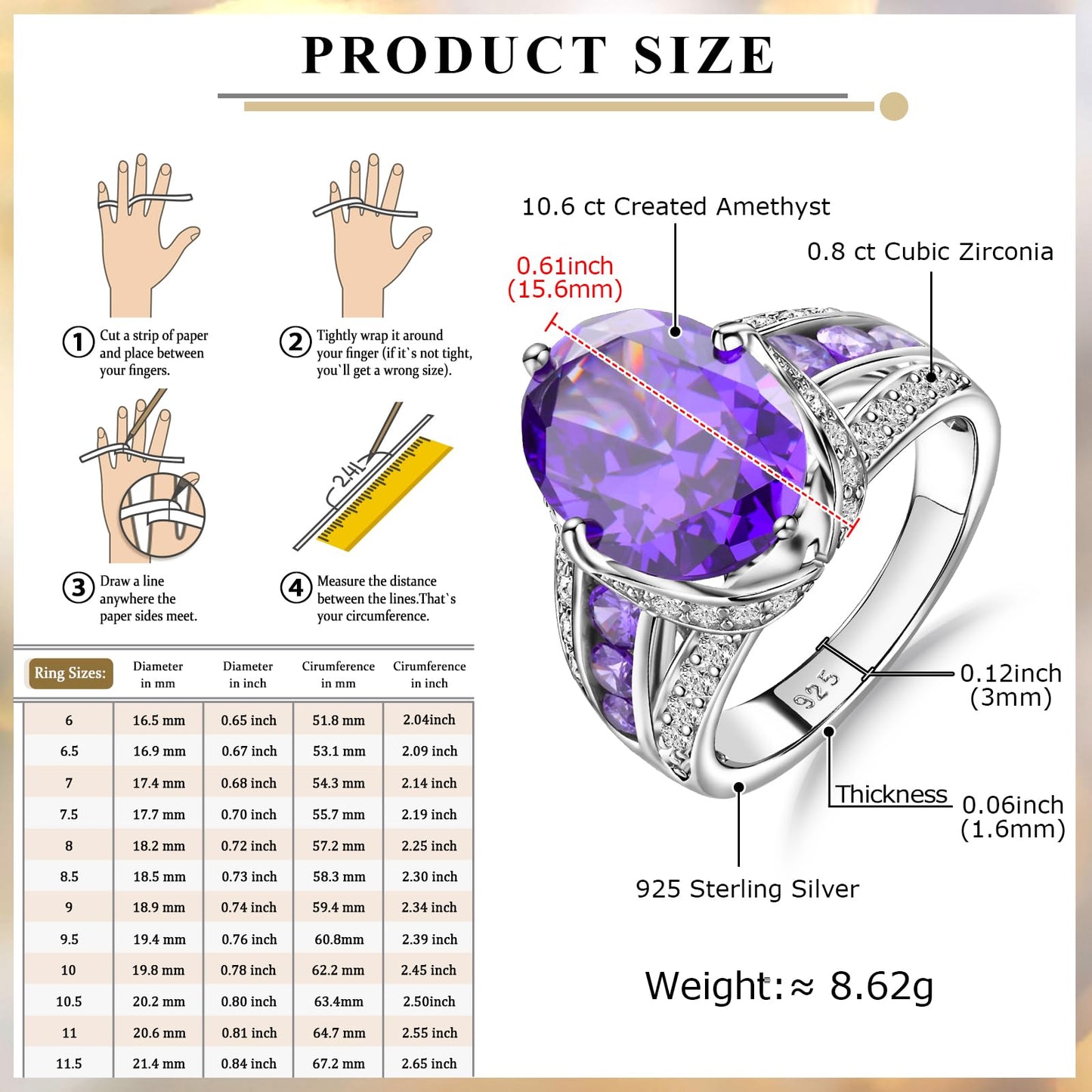 AGRULE 11.73 Carat Big Purple Gemstone Ring for Men Women Sterling Silver Thick Band Cubic Zirconia Inlaid Oval Cut Created Amethyst Ring, Size 9