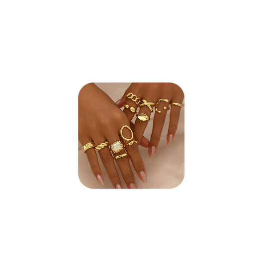 Chunky Gold Stackable Rings Set for Women,Vintage Knuckle Rings Dainty Hollow Carved Joint Finger Midi Rings Pack Adjustable Signet Jewelry Mixed Size (B-Gold-12Pcs)