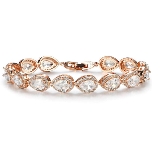 SWEETV Teardrop Rose Gold Wedding Bridal Bracelets for Brides, Crystal Rhinestone Cubic Zirconia Tennis Bracelets for Women Prom, Bridal Jewelry
