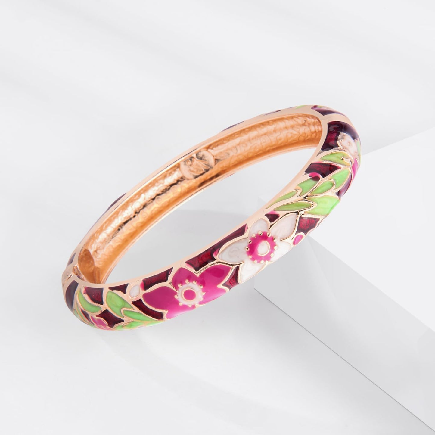 UJOY Womens Multi-colors Cloisonne Bracelet Gold Plated Flower Enameled Hinged Cuff Bangles Jewelry Gift 55A-3PCS wine red