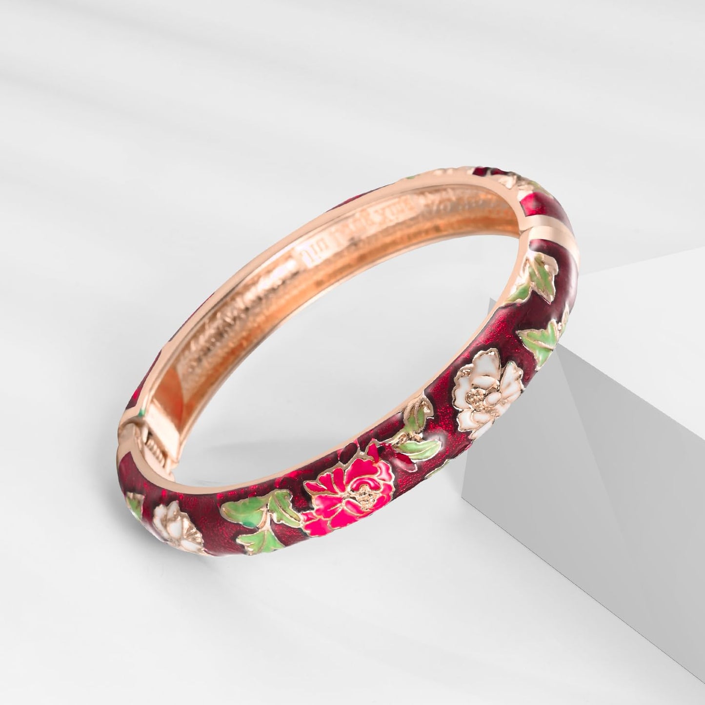 UJOY Womens Multi-colors Cloisonne Bracelet Gold Plated Flower Enameled Hinged Cuff Bangles Jewelry Gift 55A-3PCS wine red