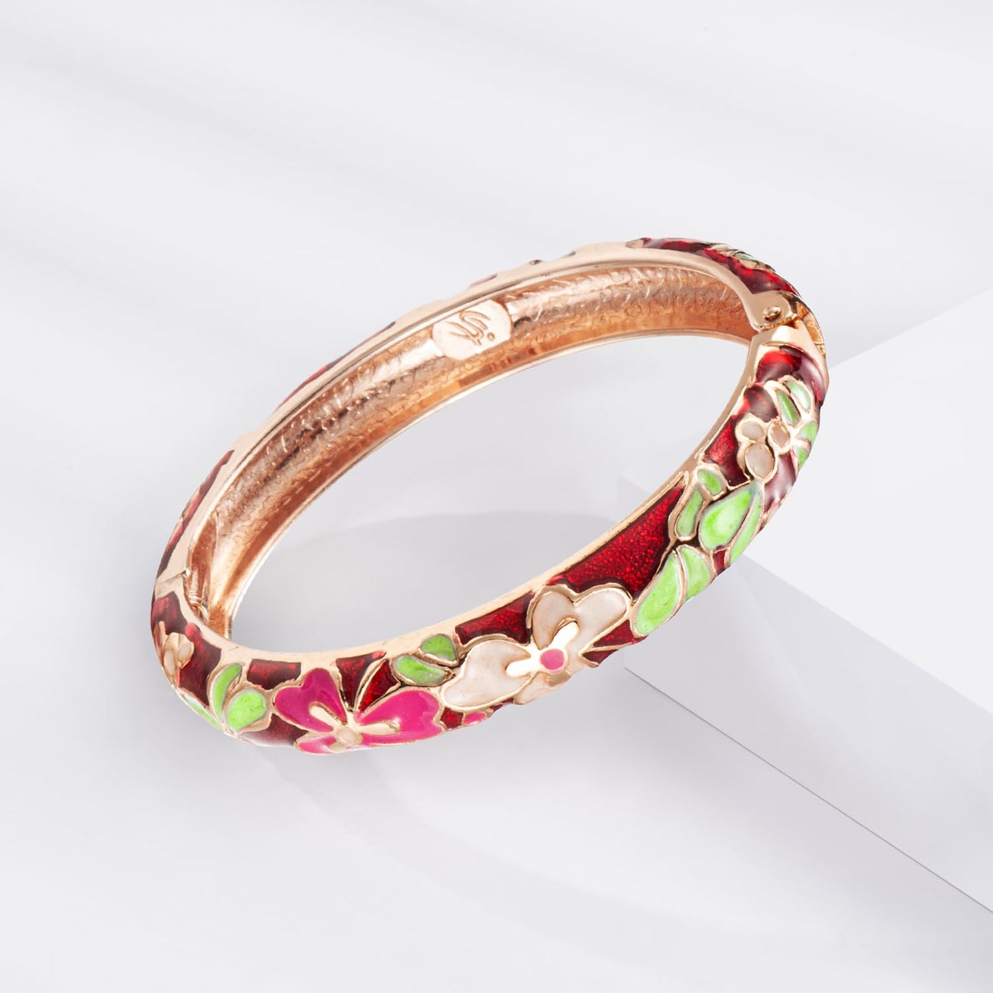UJOY Womens Multi-colors Cloisonne Bracelet Gold Plated Flower Enameled Hinged Cuff Bangles Jewelry Gift 55A-3PCS wine red