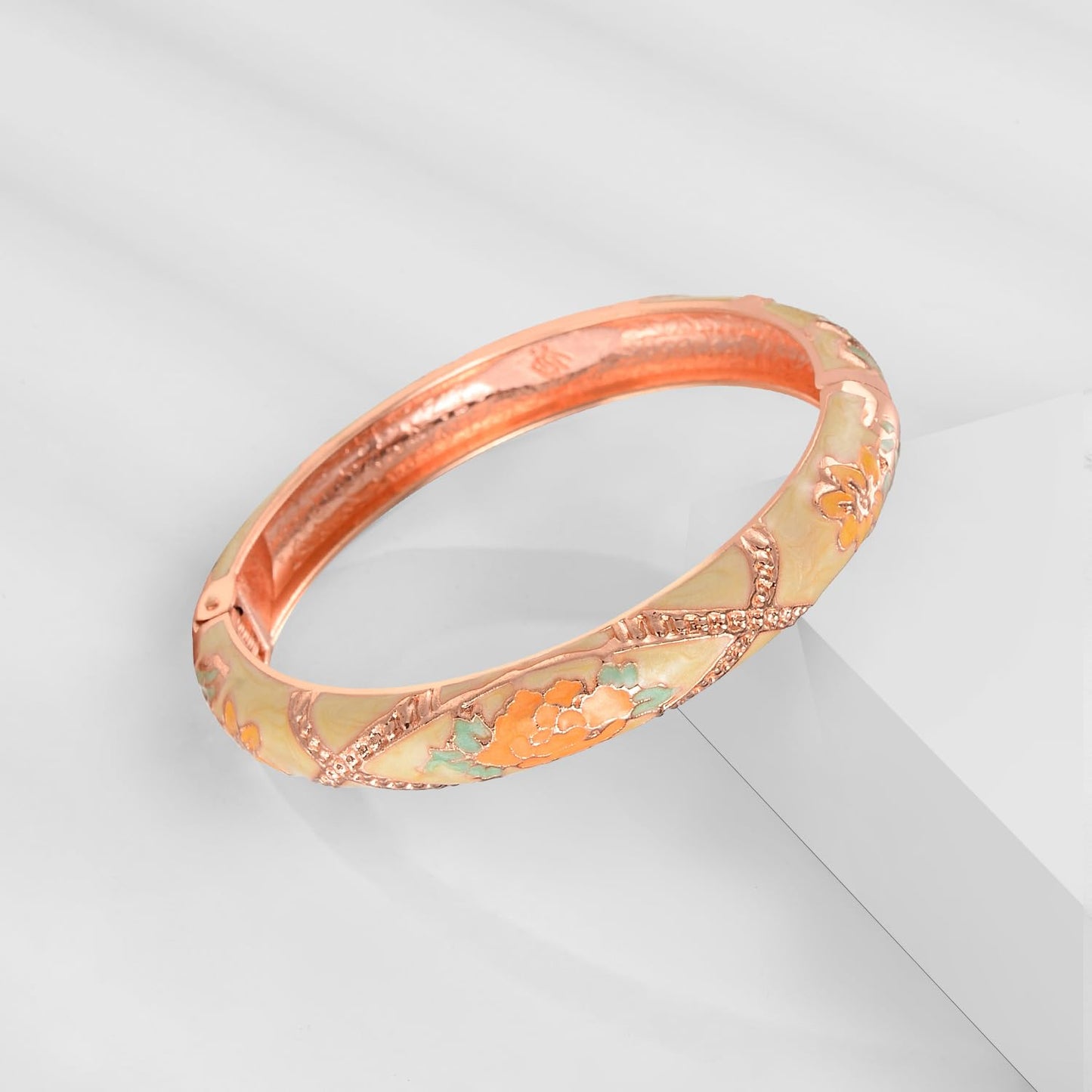 wynameleri Vintage Jewelry Cloisonne Handcrafted Enameled Gorgeous Rhinestone Flower Gold Hinged Cuff Bracelet Bangles Gifts 88A09-55A128 Yellow
