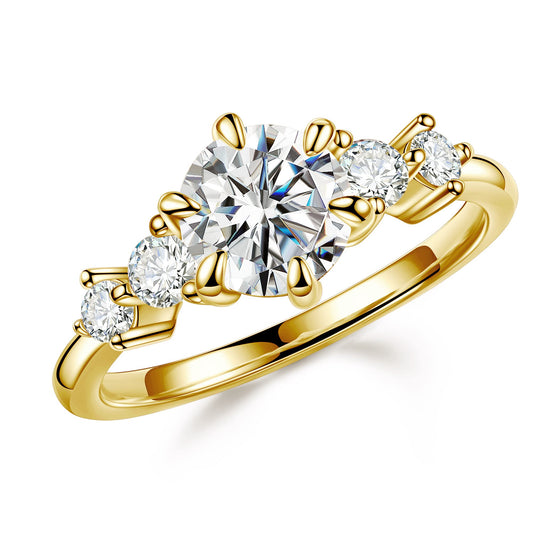 MOOSEA 5 Stone Moissanite Side Stone Rings for Women, 1.2ct D Color VVS1 Clarity Lab Created Moissanite Rings 14K Yellow Gold Vermeil Moissanite Anniversary Rings for Her Engagement Rings