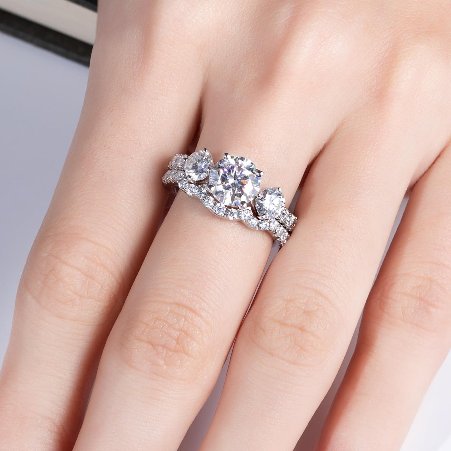 AimiIee Moissanite Wedding Rings Bridal Set 3.7CTTW D Color VVS1 Clarity Round Brilliant Cut Lab Created Diamond S925 Sterling Silver Wedding Band Engagement Rings Christmas Gift for Women with Certificate(6)
