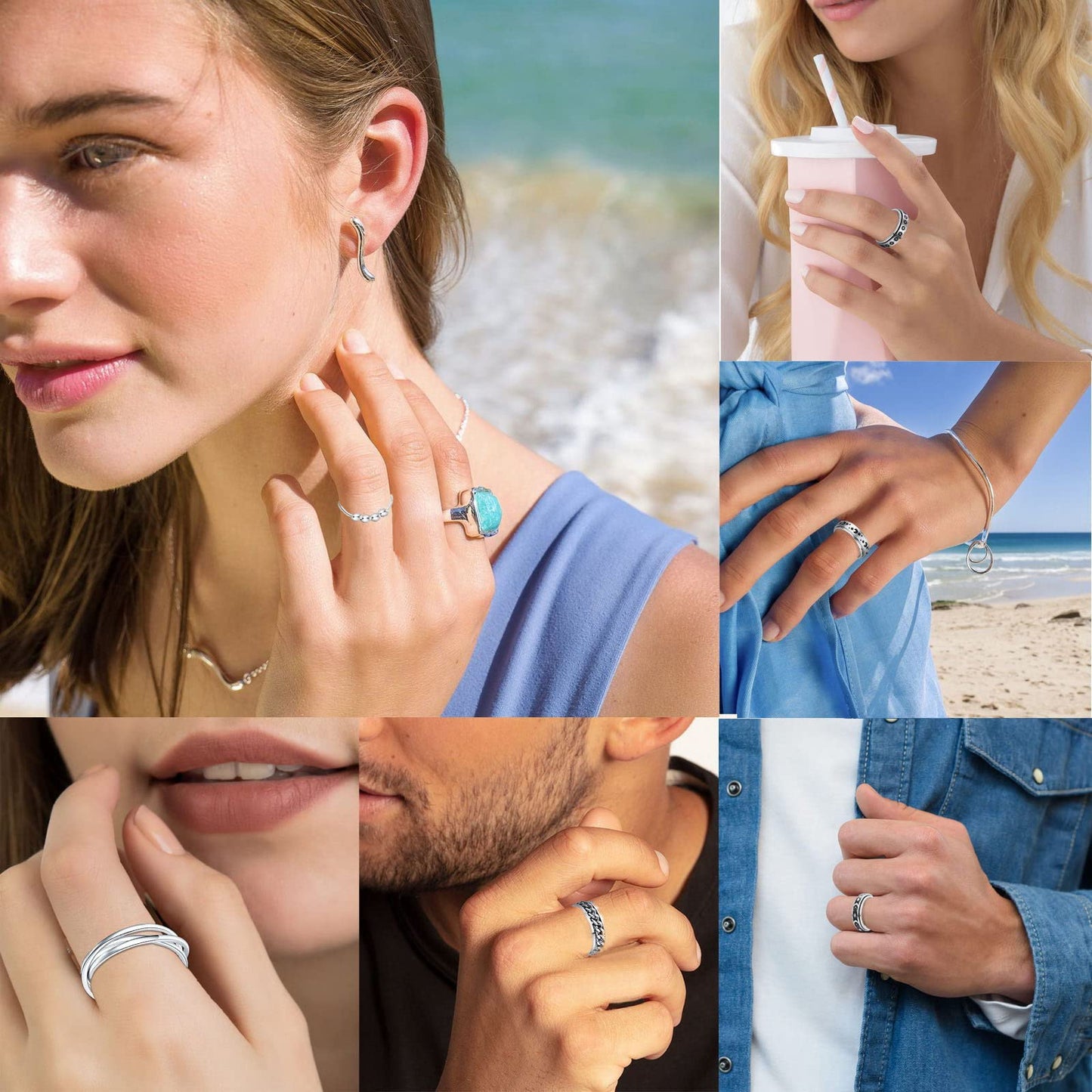 MUCAL Fidget Rings for Anxiety 8pcs Stainless Steel Spinner Ring Anti Spinning Moon Star Cool Stress Relieveing Women Men