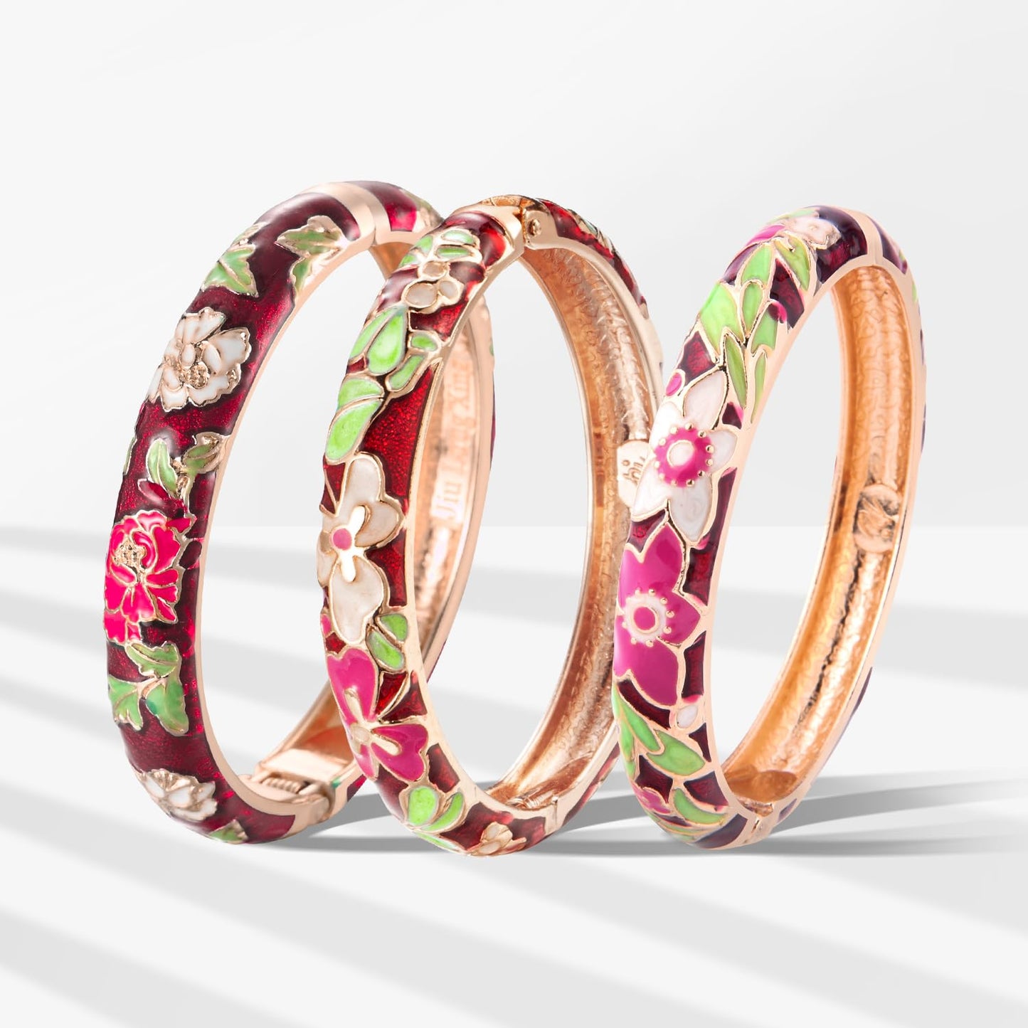 UJOY Womens Multi-colors Cloisonne Bracelet Gold Plated Flower Enameled Hinged Cuff Bangles Jewelry Gift 55A-3PCS wine red