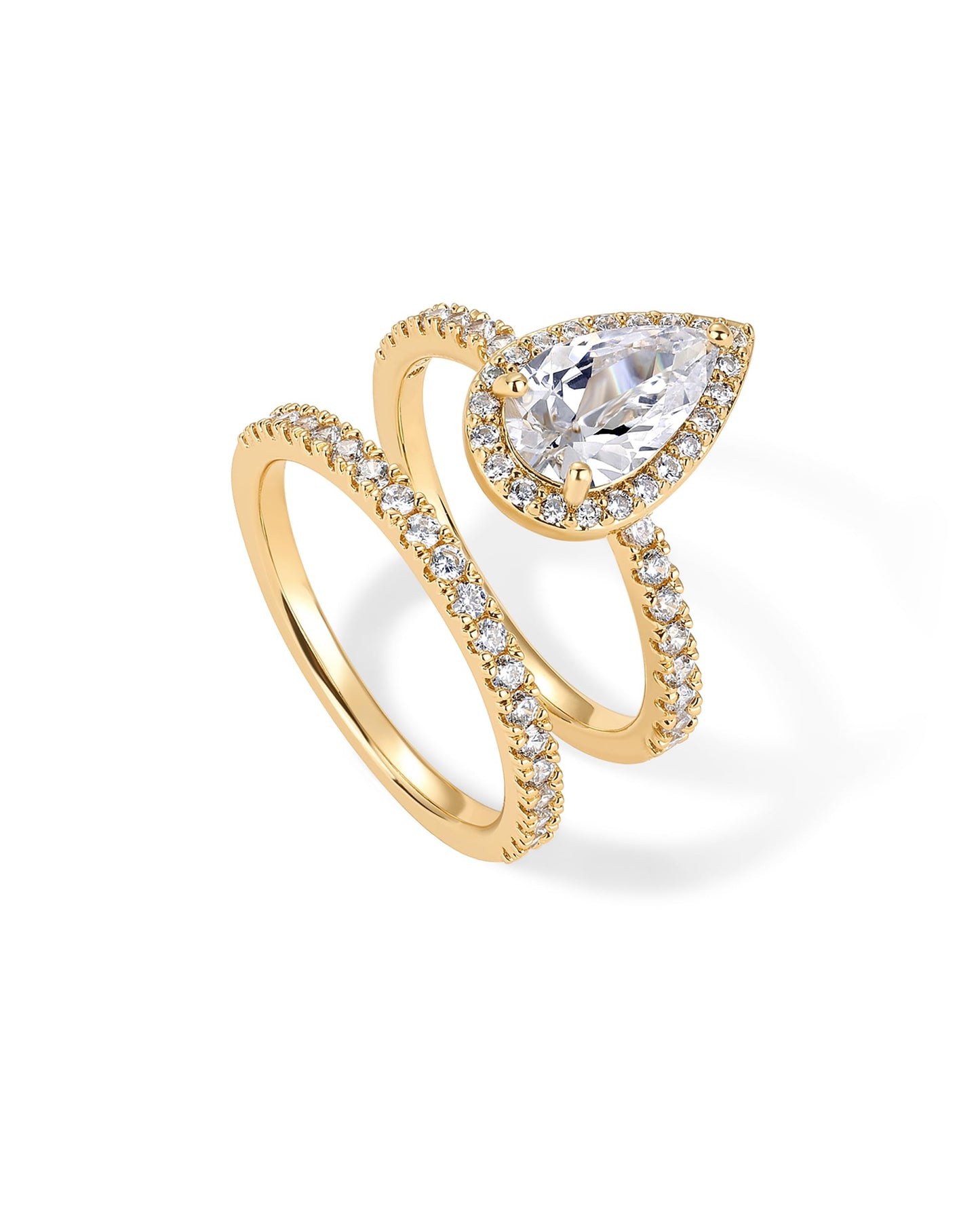 PAVOI 14K Yellow Gold Plated 1.7CT Pear Cubic Zirconia Eternity Engagement Ring Fake Wedding Bridal Promise Pack for Women - Hidden Halo Ring Set - Size 7