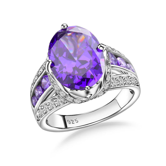 AGRULE 11.73 Carat Big Purple Gemstone Ring for Men Women Sterling Silver Thick Band Cubic Zirconia Inlaid Oval Cut Created Amethyst Ring, Size 9