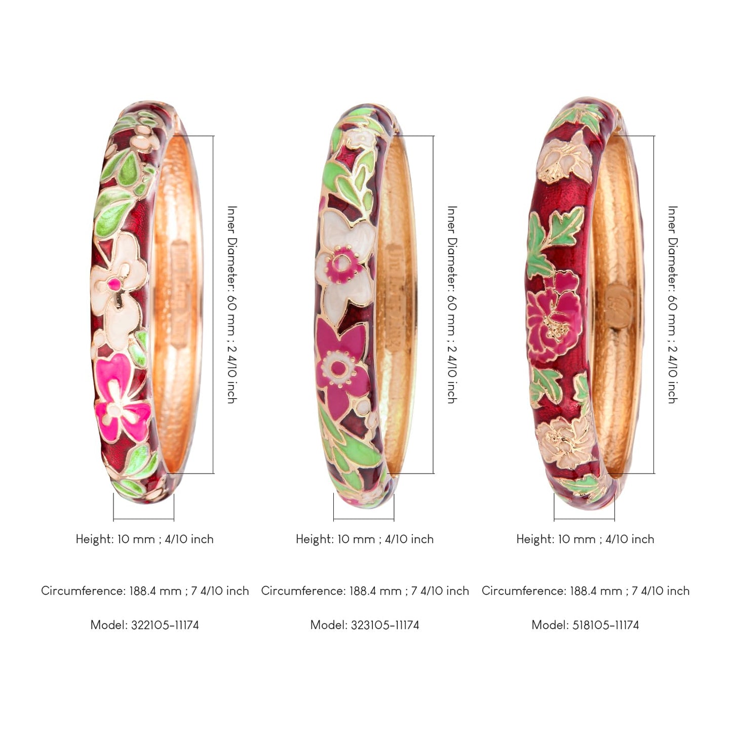 UJOY Womens Multi-colors Cloisonne Bracelet Gold Plated Flower Enameled Hinged Cuff Bangles Jewelry Gift 55A-3PCS wine red