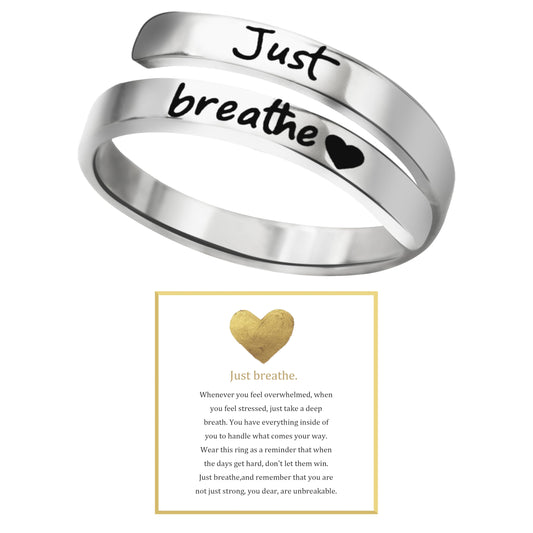 HOLINSE Just Breathe Ring for Women, Adjustable Heart Ring, Stainless Steel Spiral Wrap Healing Rings, Inspirational & Heart felt Gift (Silver, 7)