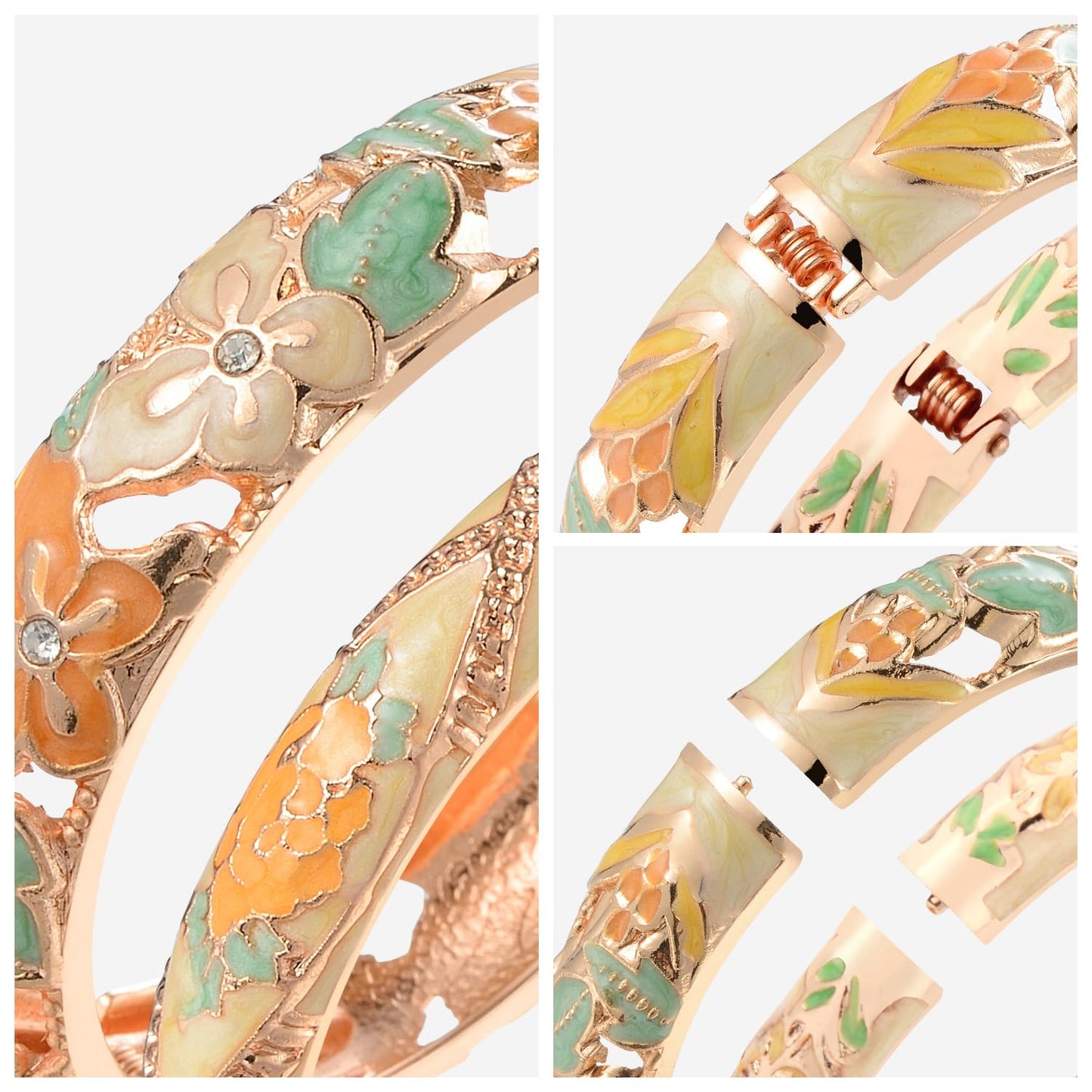 wynameleri Vintage Jewelry Cloisonne Handcrafted Enameled Gorgeous Rhinestone Flower Gold Hinged Cuff Bracelet Bangles Gifts 88A09-55A128 Yellow