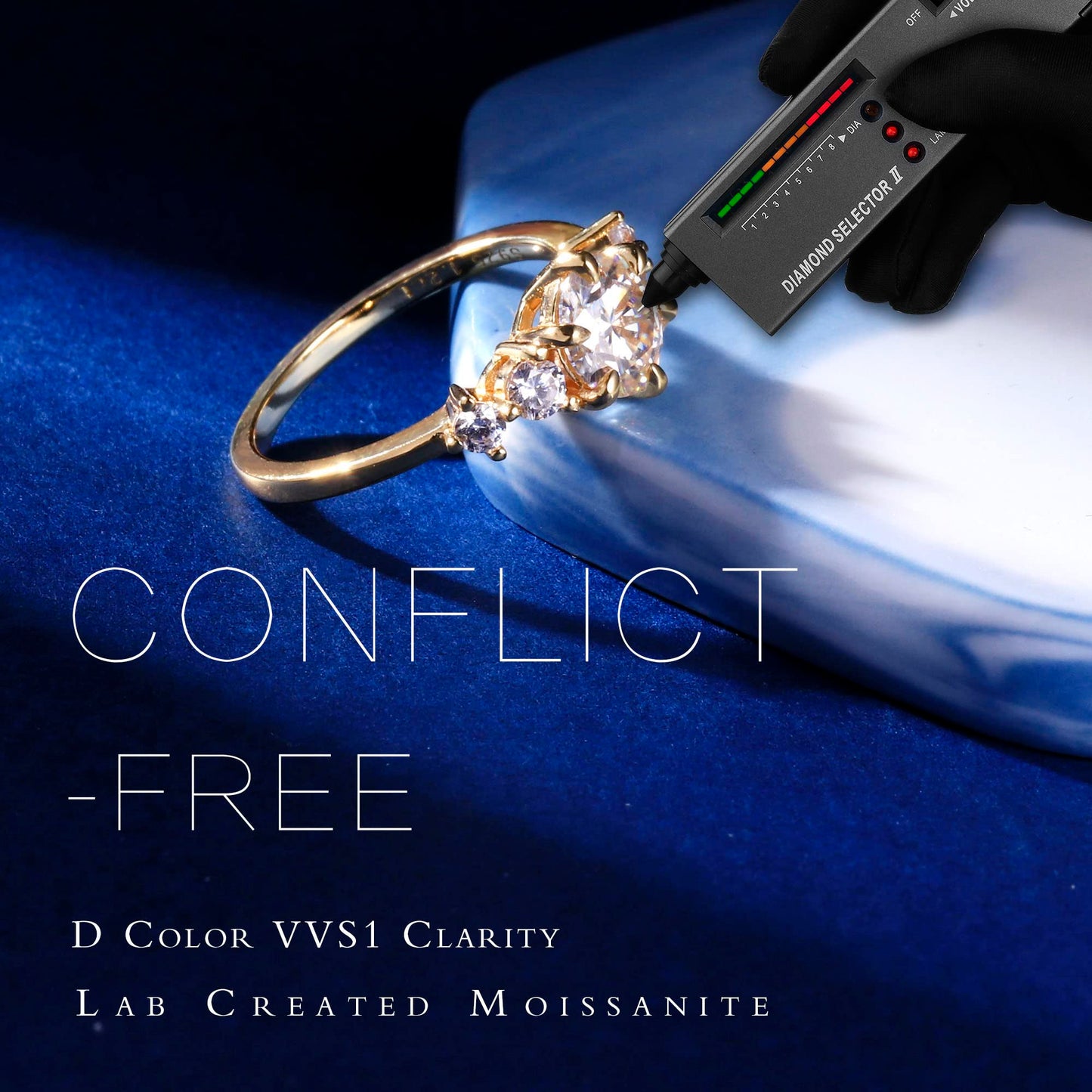 MOOSEA 5 Stone Moissanite Side Stone Rings for Women, 1.2ct D Color VVS1 Clarity Lab Created Moissanite Rings 14K Yellow Gold Vermeil Moissanite Anniversary Rings for Her Engagement Rings