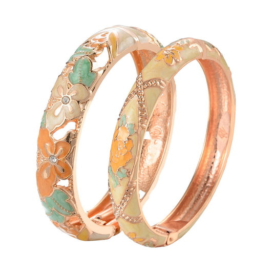 wynameleri Vintage Jewelry Cloisonne Handcrafted Enameled Gorgeous Rhinestone Flower Gold Hinged Cuff Bracelet Bangles Gifts 88A09-55A128 Yellow