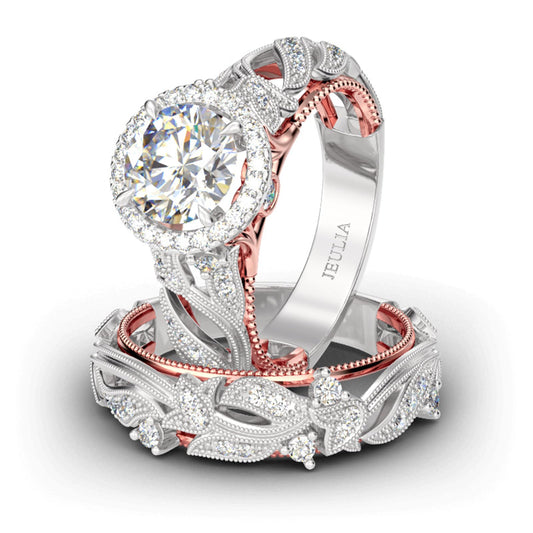 Jeulia 4 Carat Leaf Rings for Women 925 Sterling Silver 18 K Rose Gold Plated Round Cut Engagement Ring Set White Diamond Halo Cubic Zirconia Wedding band CZ Solitaire Anniversary Promise Rings (9.5)