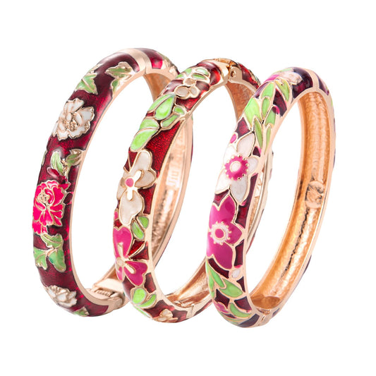 UJOY Womens Multi-colors Cloisonne Bracelet Gold Plated Flower Enameled Hinged Cuff Bangles Jewelry Gift 55A-3PCS wine red