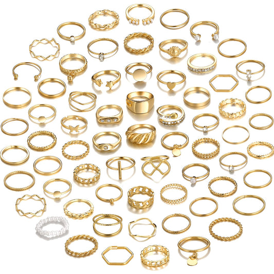 YEEZII 68 Pcs Gold Knuckle Rings Set for Women, Stackable Rings Boho Joint Finger Midi Ring Hollow Carved Crystal Stacking Rings Pack