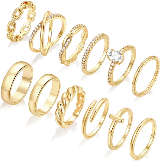 FAXHION 12 PCS Dainty 14K Gold Rings for Women, Eternity Open Chunky Twist Simulated Diamond Criss Cross Designs, Non Tarnish Gold Plated Stacking Thumb Ring, Perfect for Wedding Bands Size 8