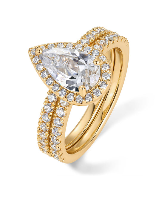 PAVOI 14K Yellow Gold Plated 1.7CT Pear Cubic Zirconia Eternity Engagement Ring Fake Wedding Bridal Promise Pack for Women - Hidden Halo Ring Set - Size 7
